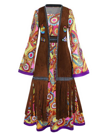2PCS Gilet franges et robe hippie psychédélique années 1970