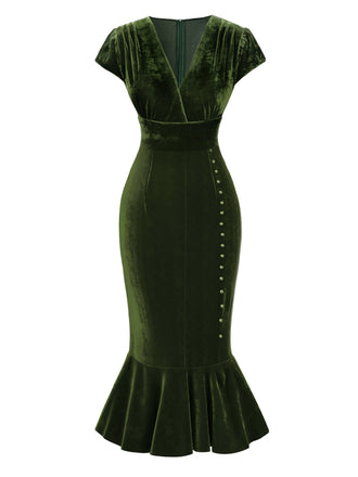 Robe de sirène en velours vert à col en V et boutons des années 1930