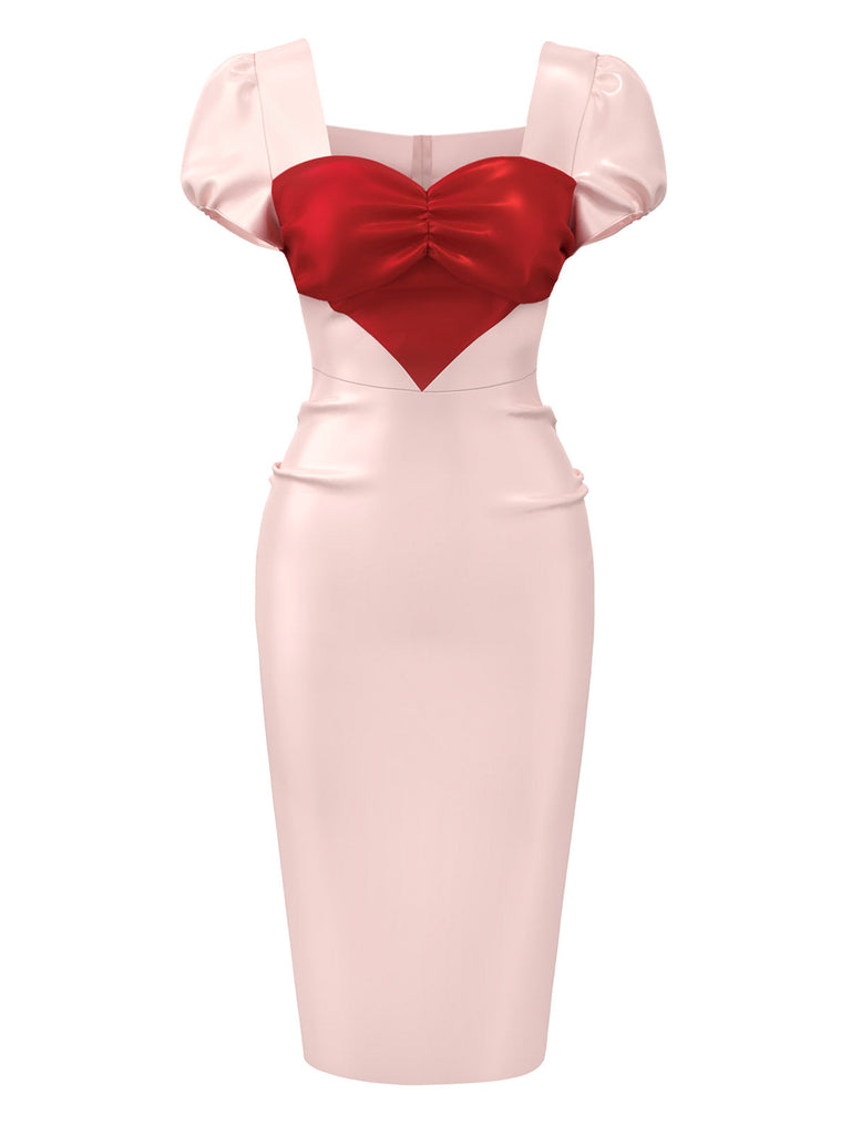Robe crayon bouffante motif cœur rose pâle années 1960
