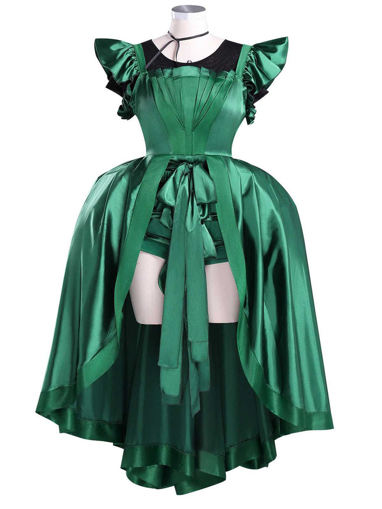 Ensemble de costumes en satin vert inspiré de Mercredi Addams des années 1950