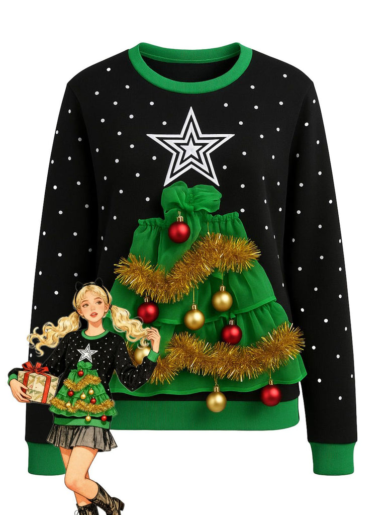 Pull sapin de Noël 3D avec babiole et sparkles des années 1980
