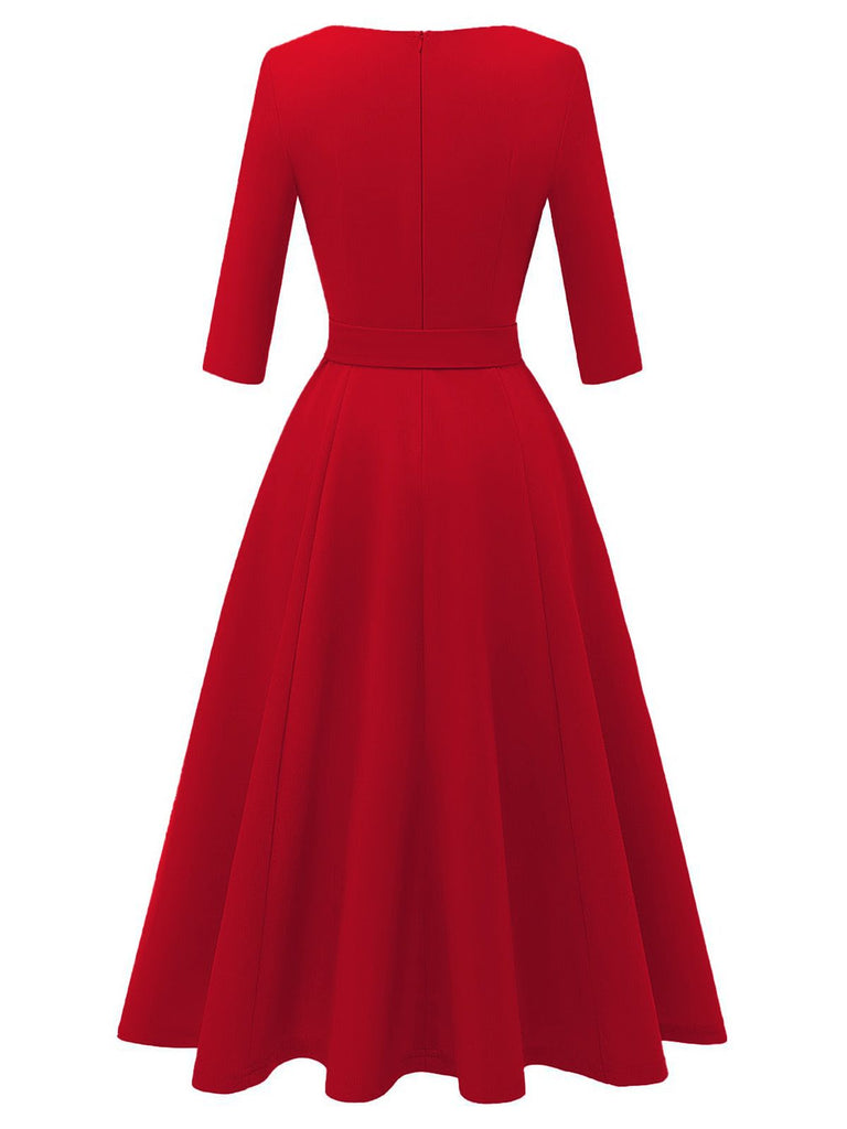 Robe trapèze manches trois-quarts à nœud papillon années 1940