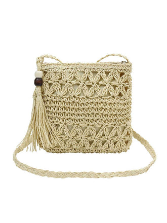 Sac bandoulière vintage en paille et perles en bois