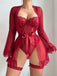 Ensemble de pyjama patchwork en dentelle transparente rouge années 1960