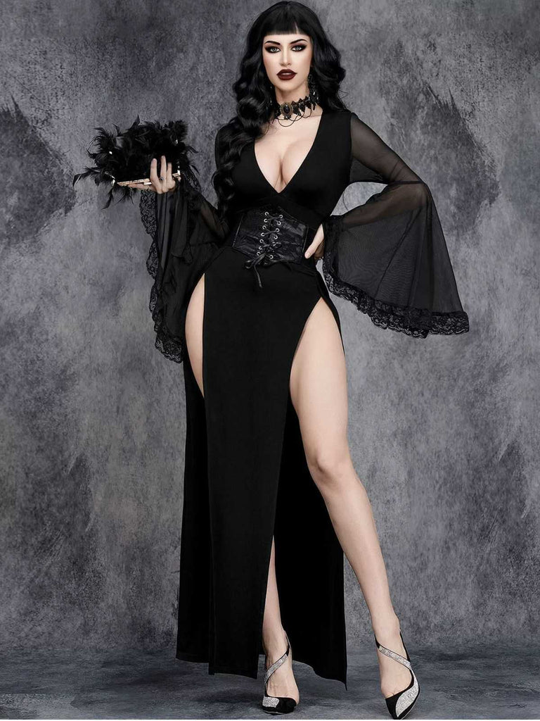 Robe noire gothique à manches évasées en dentelle années 1980