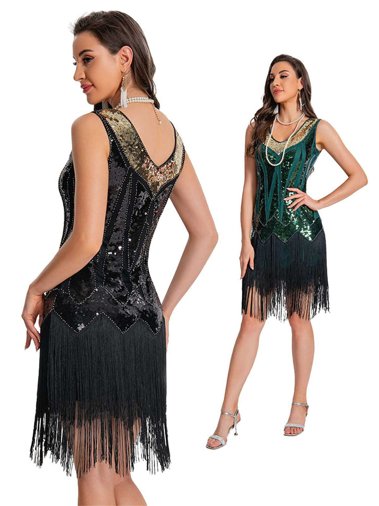 Robe Charleston à paillettes avec ourlet à franges années 1920
