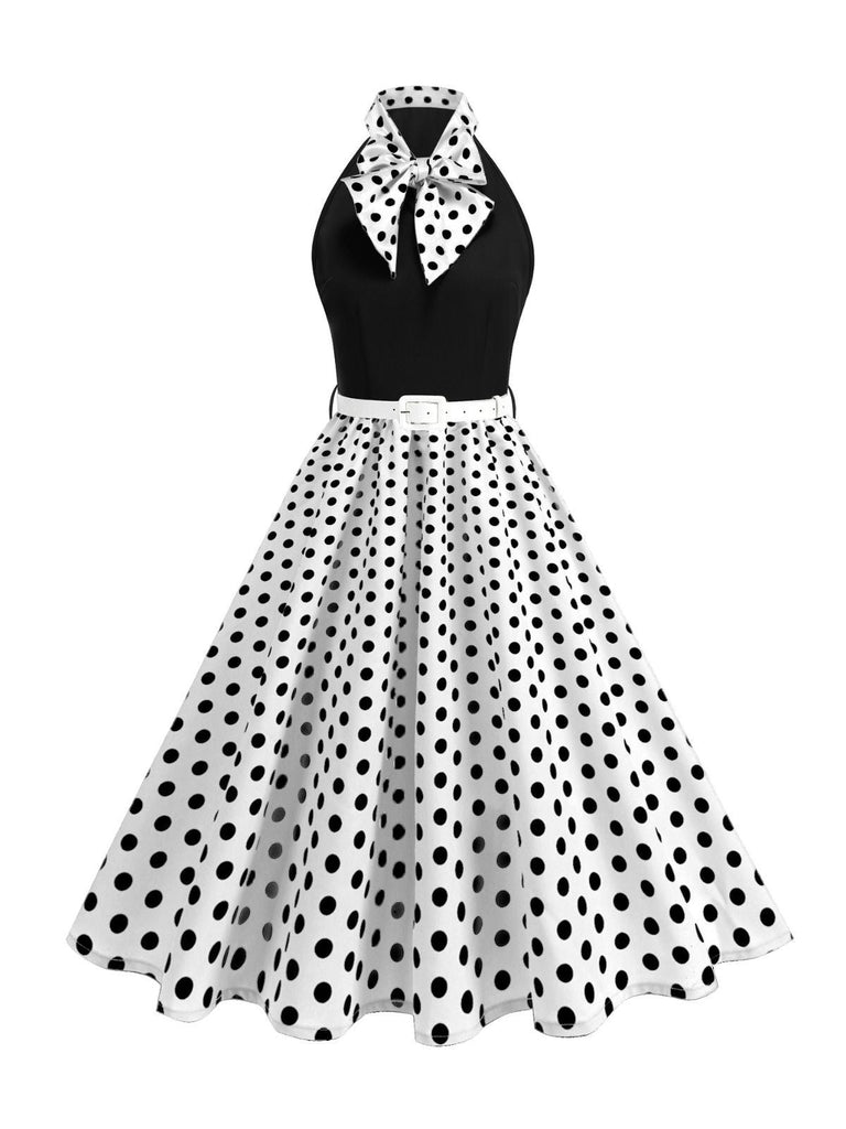 Robe Ceinturée Nœud Papillon Col Pois Années 1950