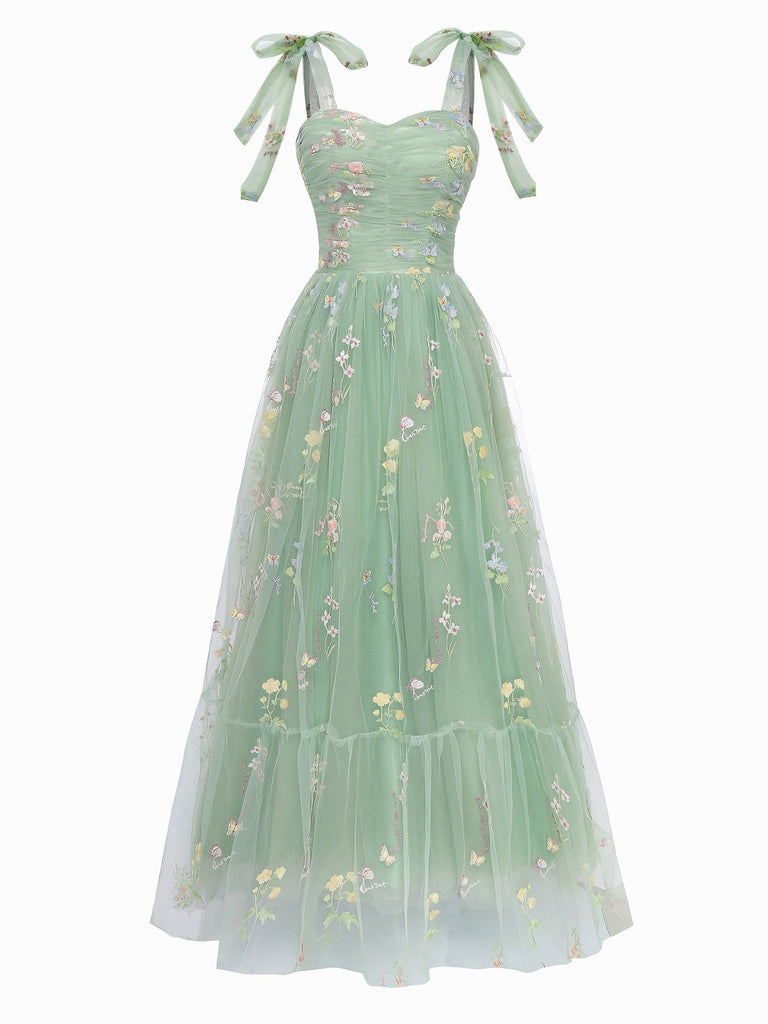 Robe verte en maille fleurie épaules dénudées années 1930