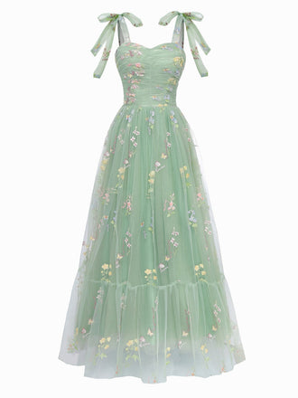 Robe verte en maille fleurie brodée à épaules dénudées des années 1930