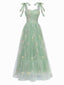Robe verte en maille fleurie brodée à épaules dénudées des années 1930