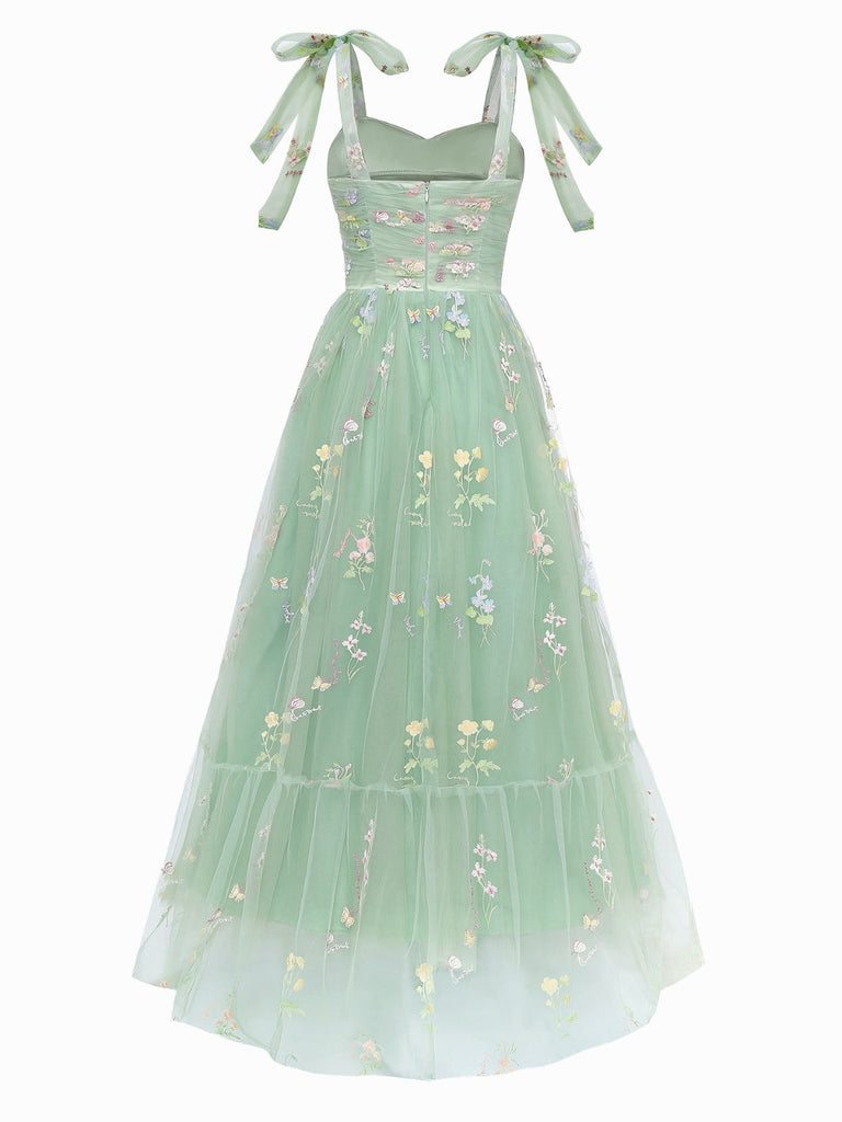 Robe verte en maille fleurie épaules dénudées années 1930