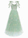 Robe verte en maille fleurie épaules dénudées années 1930
