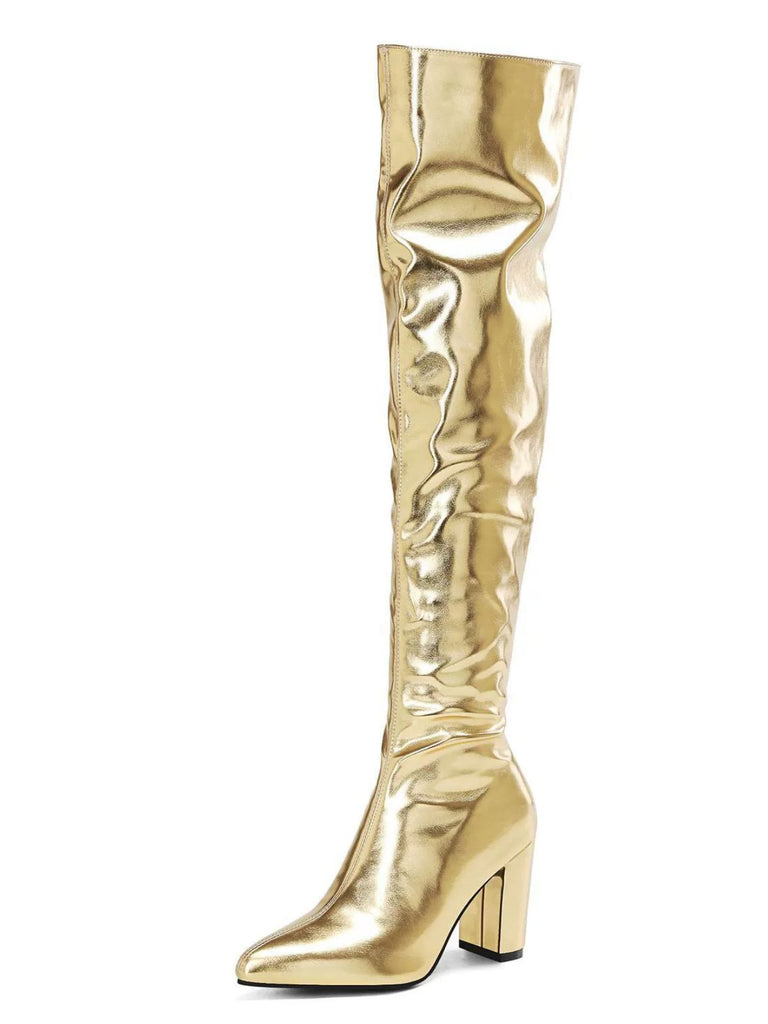 Bottes cuissardes métallisées à talons carrés