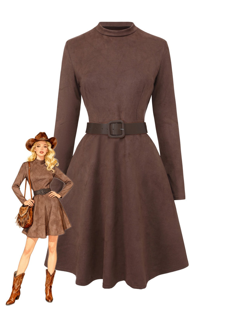 Robe marron manches longues col roulé court avec ceinture années 1970