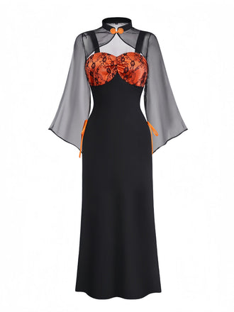 Robe orange en dentelle fleurie avec châle et chapeau des années 1940