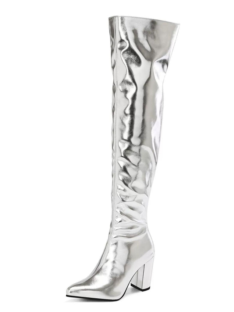 Bottes cuissardes métallisées à talons carrés