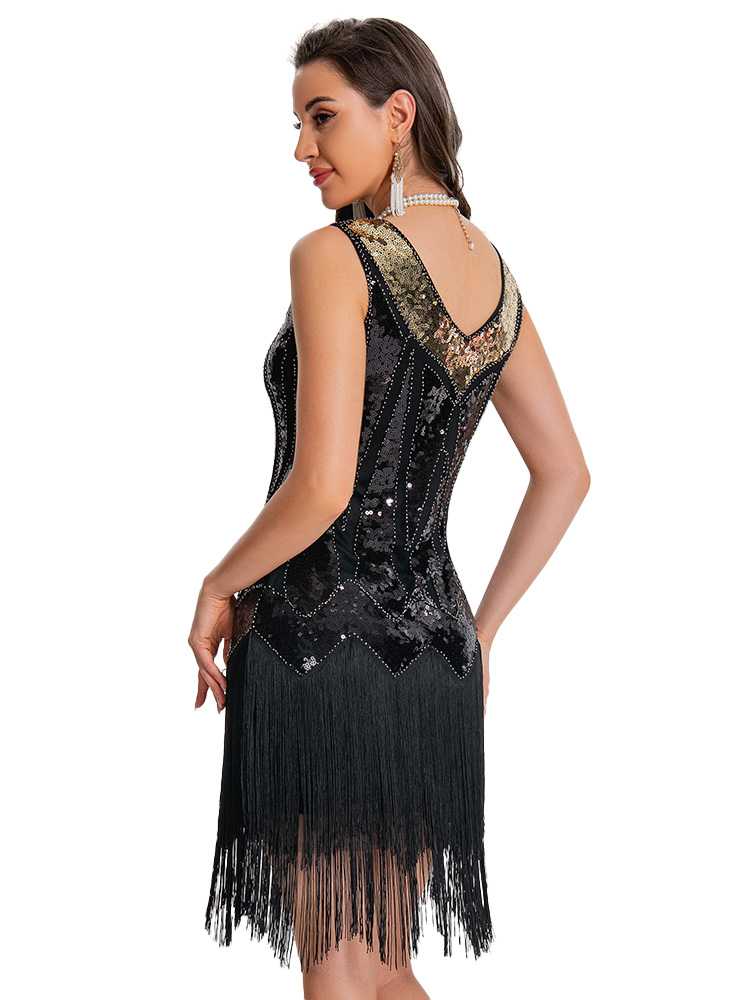 Robe Charleston à paillettes avec ourlet à franges années 1920