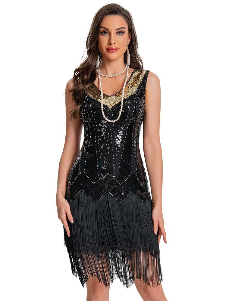 Robe Charleston à paillettes avec ourlet à franges années 1920