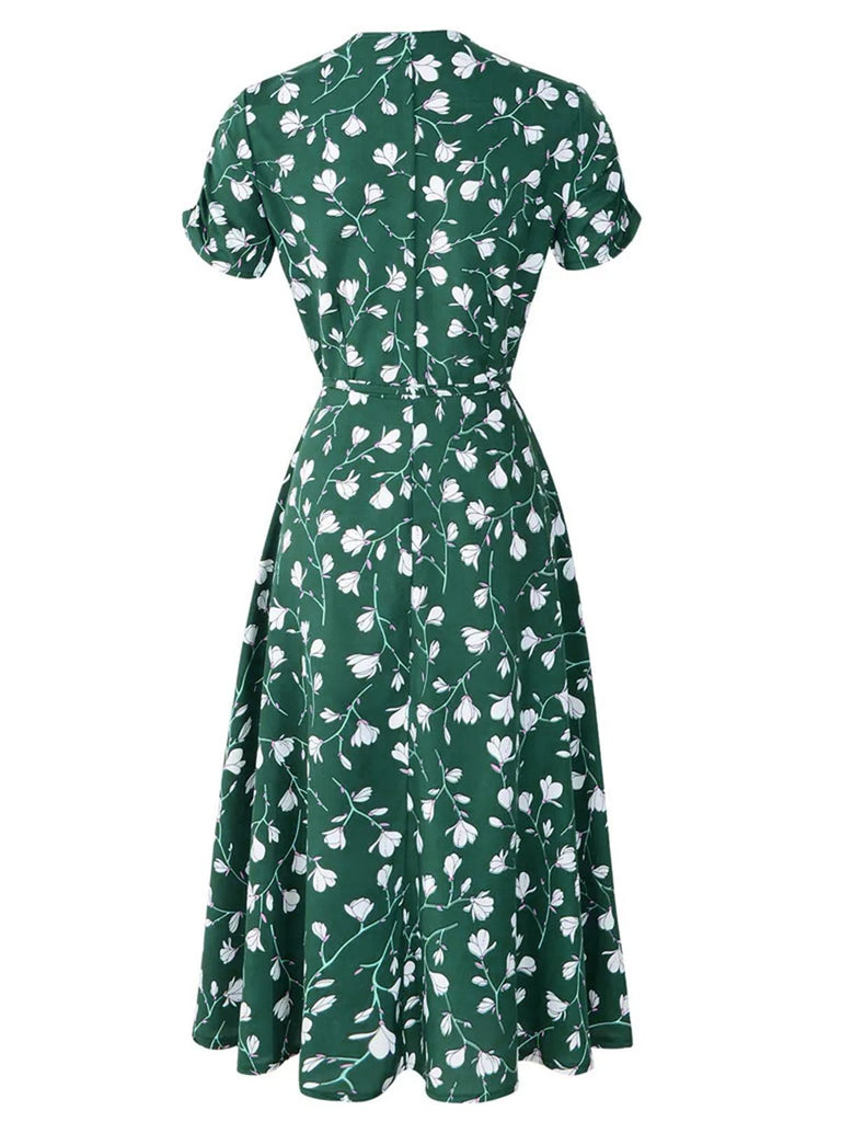 Robe fleurie à col en V et motif orchidées vertes des années 1940