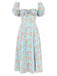 Robe fendue à col carré à petites fleurs des années 1940
