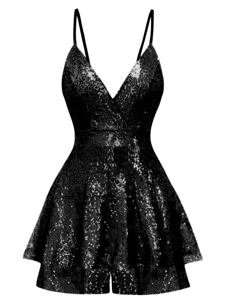 Combishort-culotte à bretelles et col en V à paillettes des années 1960