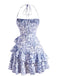 Robe à fleurs en porcelaine à volants et dos nu des années 1970
