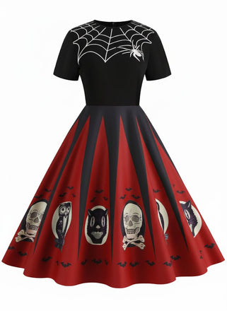Robe patchwork imprimé toile d'araignée rouge pour Halloween des années 1950