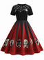 Robe patchwork imprimé toile d'araignée rouge pour Halloween des années 1950