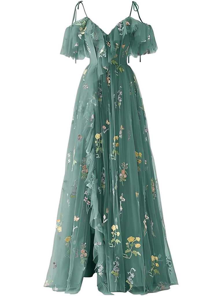 Robe fendue en tulle Lac Verte brodé de fleurs années 1970
