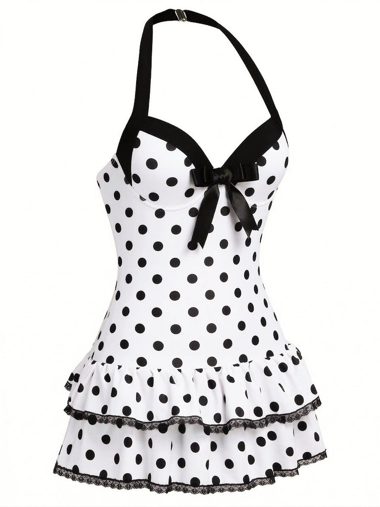 Maillot de bain une pièce noir à pois et nœud des années 1940