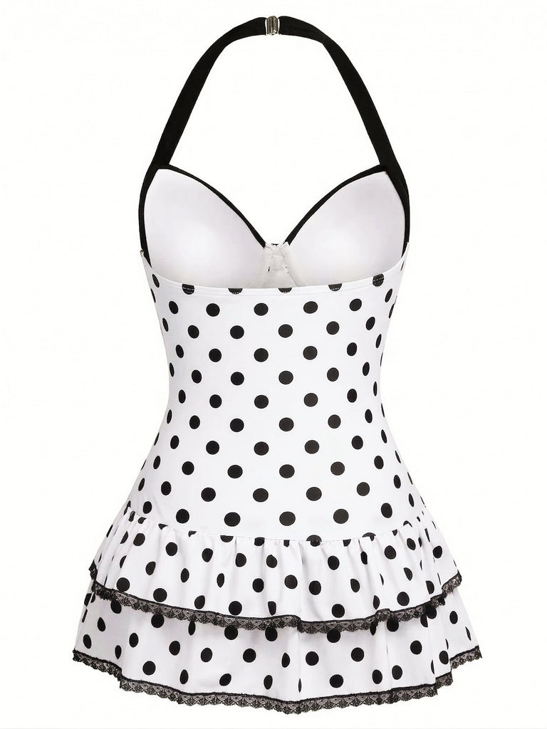 Maillot de bain une pièce noir à pois et nœud des années 1940