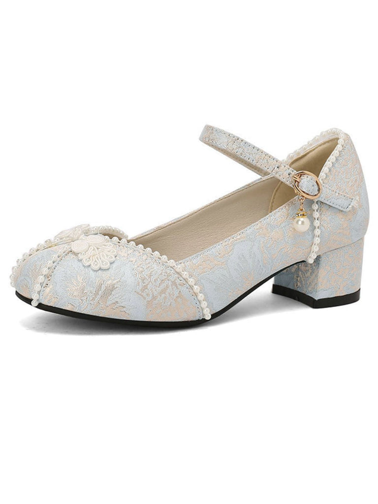 Chaussurres Mary Jane à talons épais en jacquard fleuri et perles