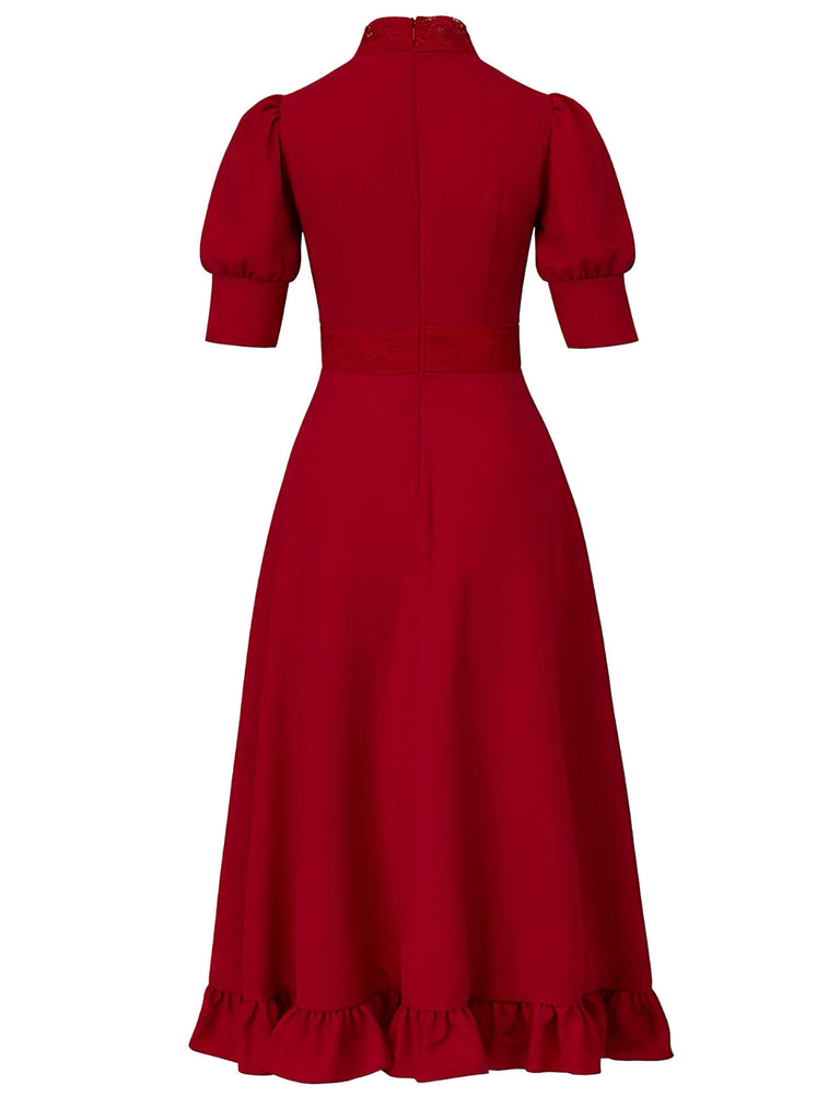 Robe rouge à volants en dentelle X-Prequel perlée des années 1940