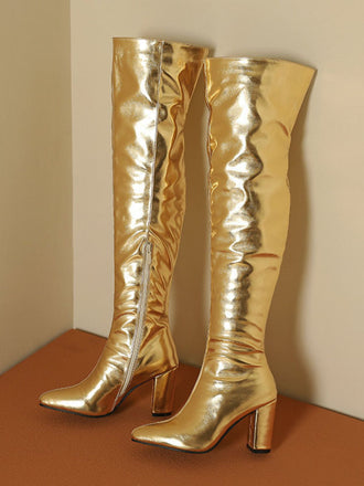 Bottes cuissardes métallisées à talons carrés