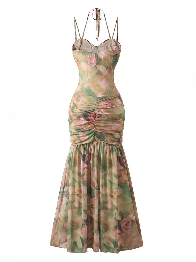 1930s Rose Print Fishbone Ruched Slit Dress