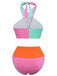 Colorful bikini set with pink, orange, and green sections on a white background