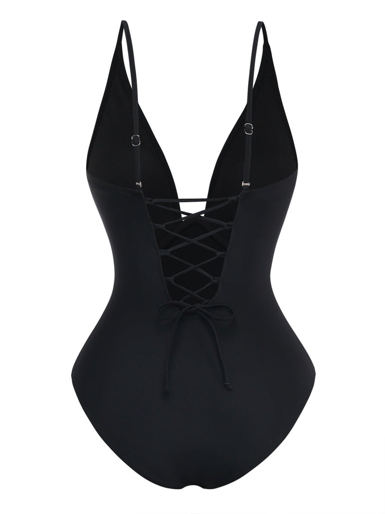 Black 1950s Solid Deep V Tummy Control One-Piece Swimsuit - vintage swimsuit, pin-up style, classic black