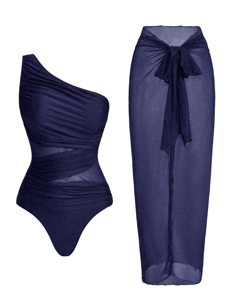 1950s One-Shoulder Ruched Tummy Control One-Piece Swimsuit & Cover-Up - vintage swimsuit, pin-up style