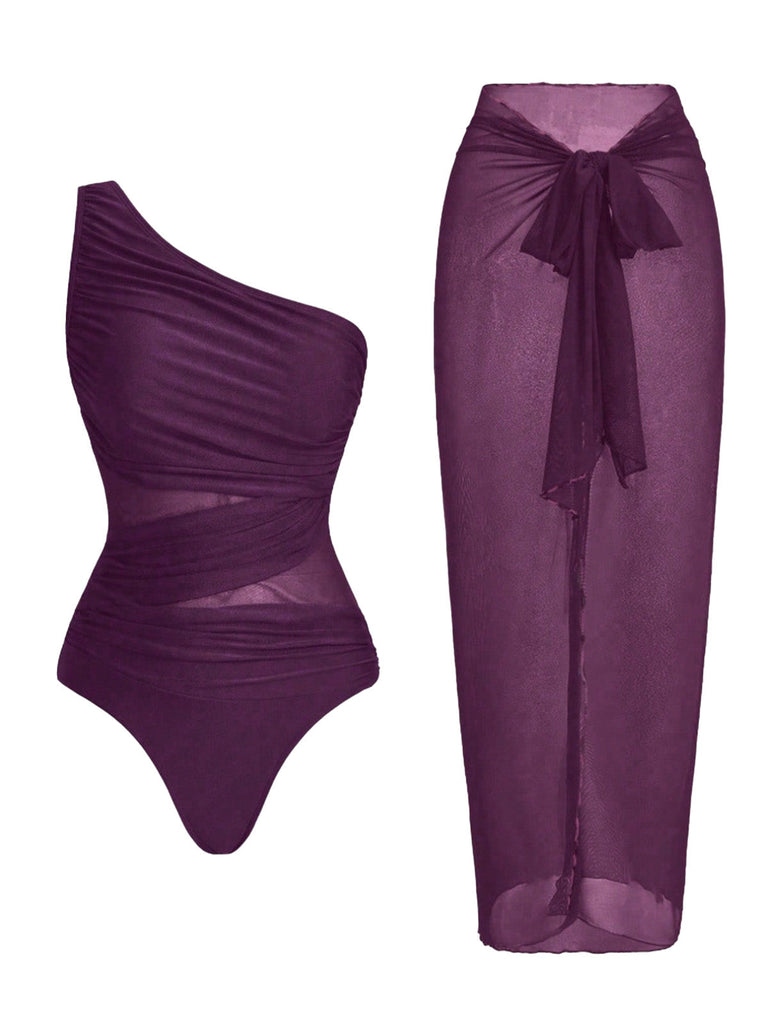 1950s One-Shoulder Ruched Tummy Control One-Piece Swimsuit & Cover-Up - vintage swimsuit, pin-up style