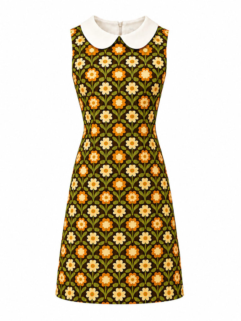Robe verte motif marguerites et col Peter Pan années 1960