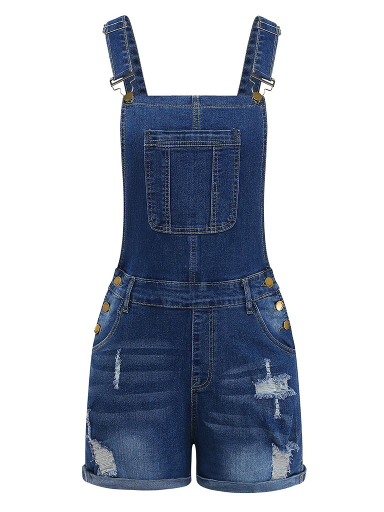 Blue denim overall shorts with gold buttons on a white background
