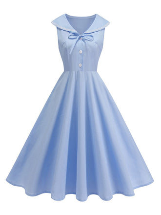 Robe sans manches col marin et nœud papillon couleur unie années 1950