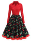 Robe trapèze rouge cerises et à manches longues années 1950