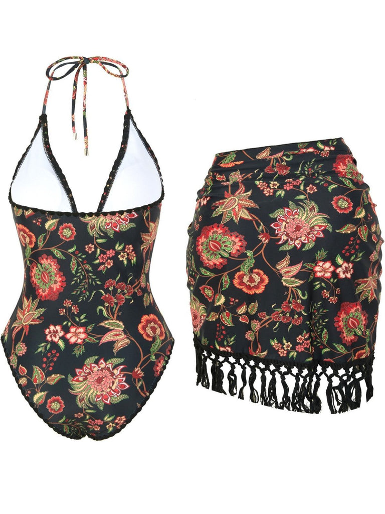 2PCS Maillot de bain et paréo à franges et décolleté en V profond années 1960