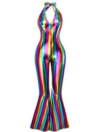 Combinaison dos nu disco blocs de couleurs arc-en-ciel des années 1970