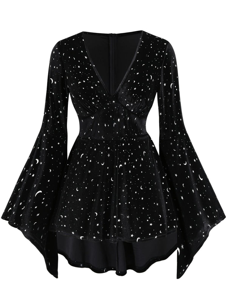 [Grande taille] Robe noire en velours col en V motif étoiles des années 1960