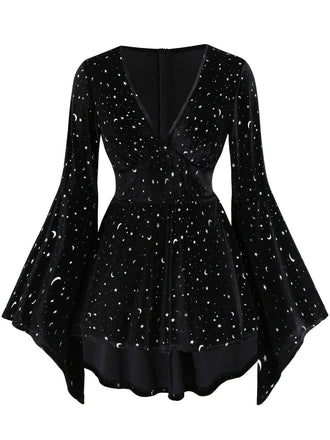 [Grande taille] Robe noire en velours col en V motif étoiles des années 1960
