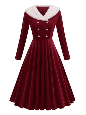 Robe rouge en velours col en fourrure et perles style Père Noël des années 1950