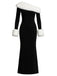 Robe maxi noire à une épaule et bordure en fourrure années 1980