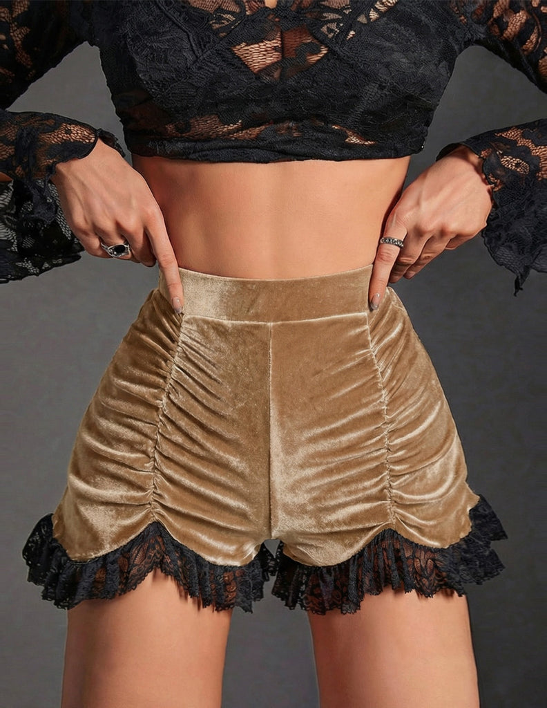 Short plissé en velourset dentelle noir uni des années 1970